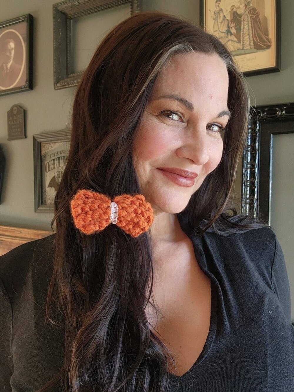 Hand Knit Hair Bow on Clip, Rust Orange with Vintage White Lace, "Autumn Leaf"